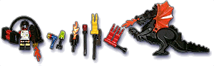 FlameBot, a bunch of torches, and Pyros the Magic Dragon